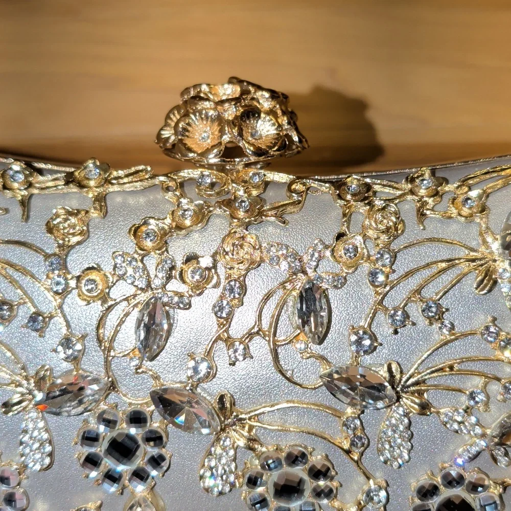 Silver Leather Clutch With Gold And Crystal Floral Embellishments